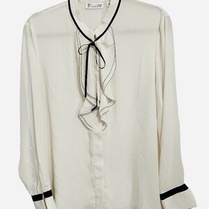 7th Ave Design Studio | Ivory Blouse w Black Trim | Size L | trendy | beautiful!